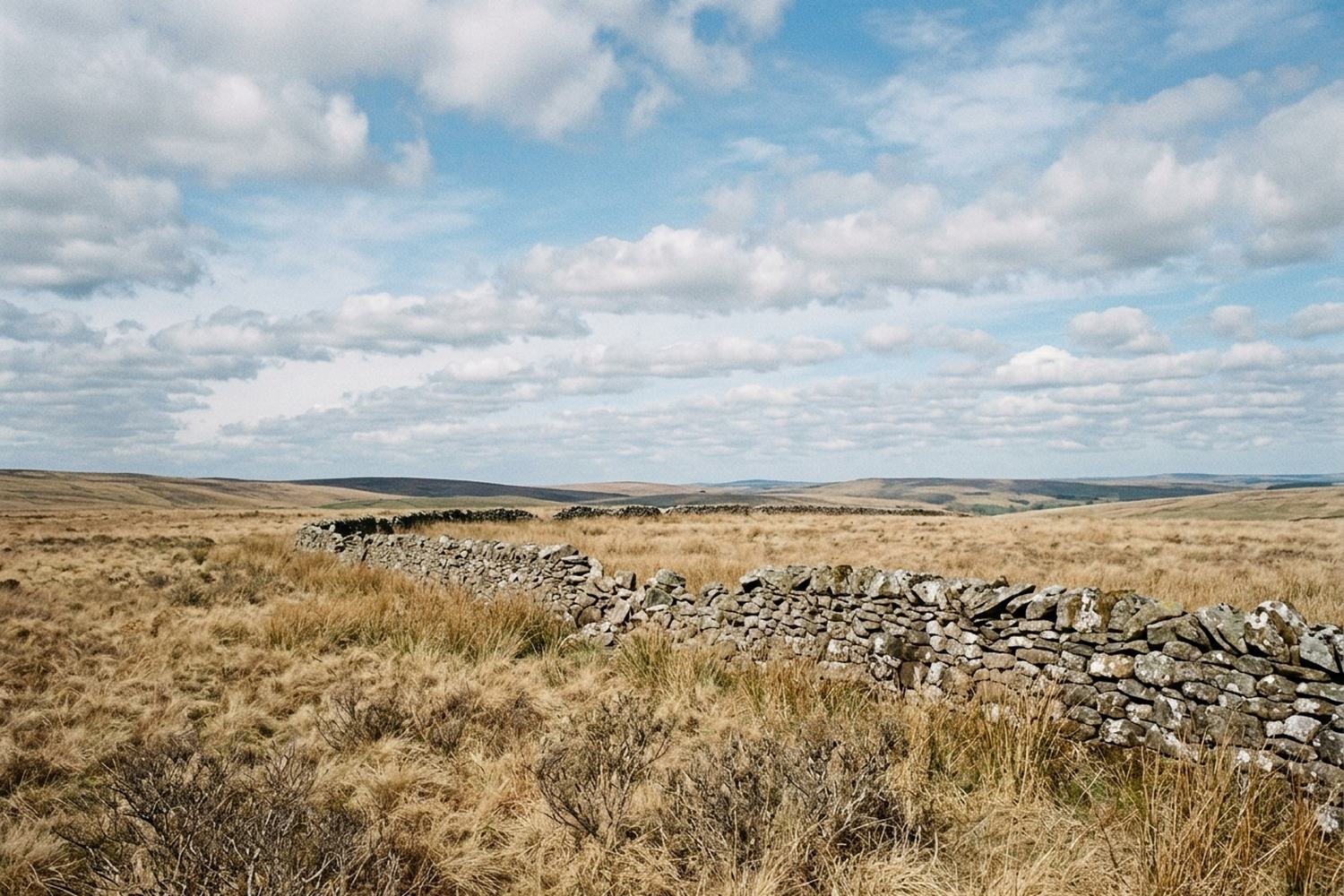 Open pasture with widely spaced shade and a stone wall.